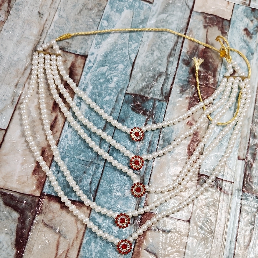 Pearl Necklace with Gold and Red Floral Accents